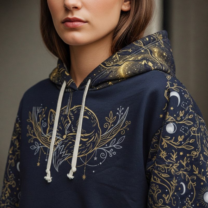 Enchanted Fox hoodie model closeup showing chest print detail