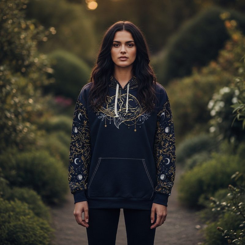 Enchanted Fox hoodie on model, front view with mystical boho design