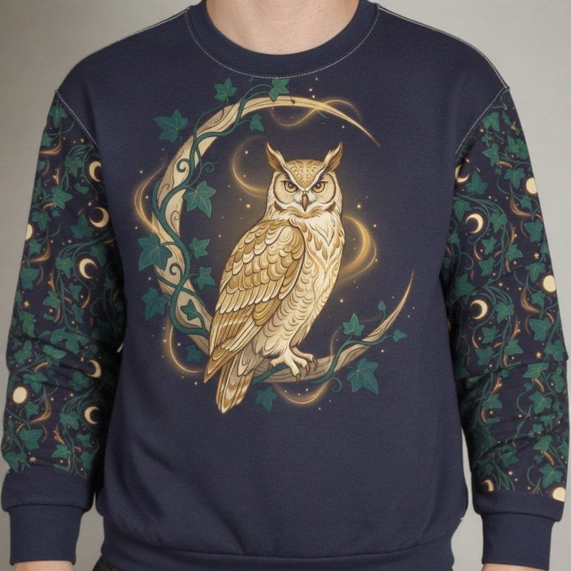 Celestial Owl sweatshirt fabric closeup showing print quality