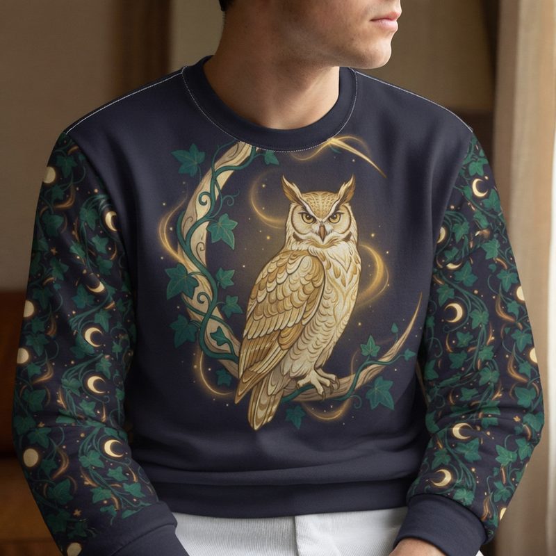 Celestial Owl sweatshirt model closeup showing chest detail