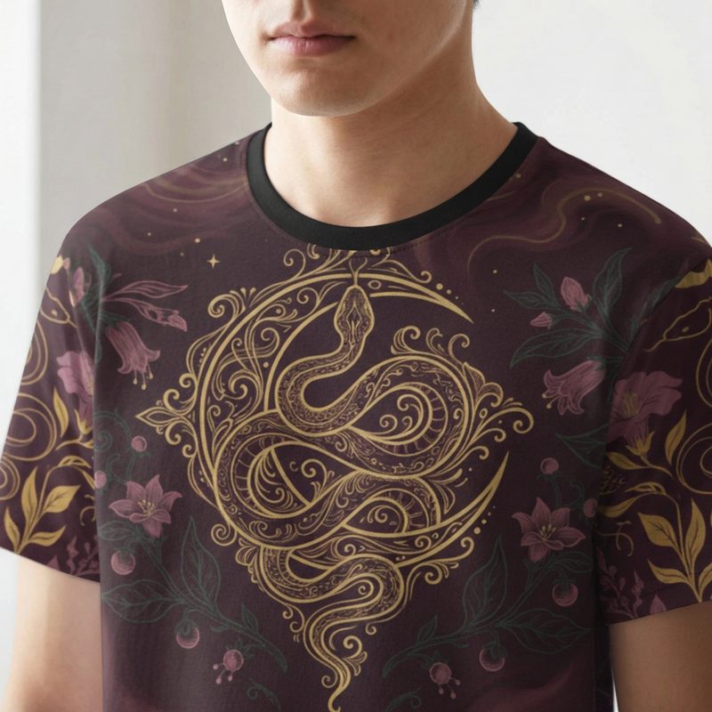 Serpentine Lunar t-shirt fabric closeup showing poison garden print