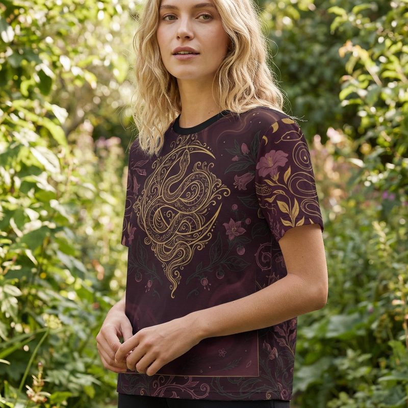 Serpentine Lunar t-shirt on female model, dark romantic art nouveau design